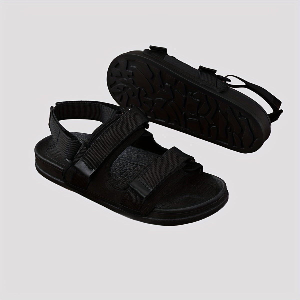 Women's Black Summer Beach Slide Sandals with Adjustable Hook-and-Loop Straps and Flat PVC Sole
