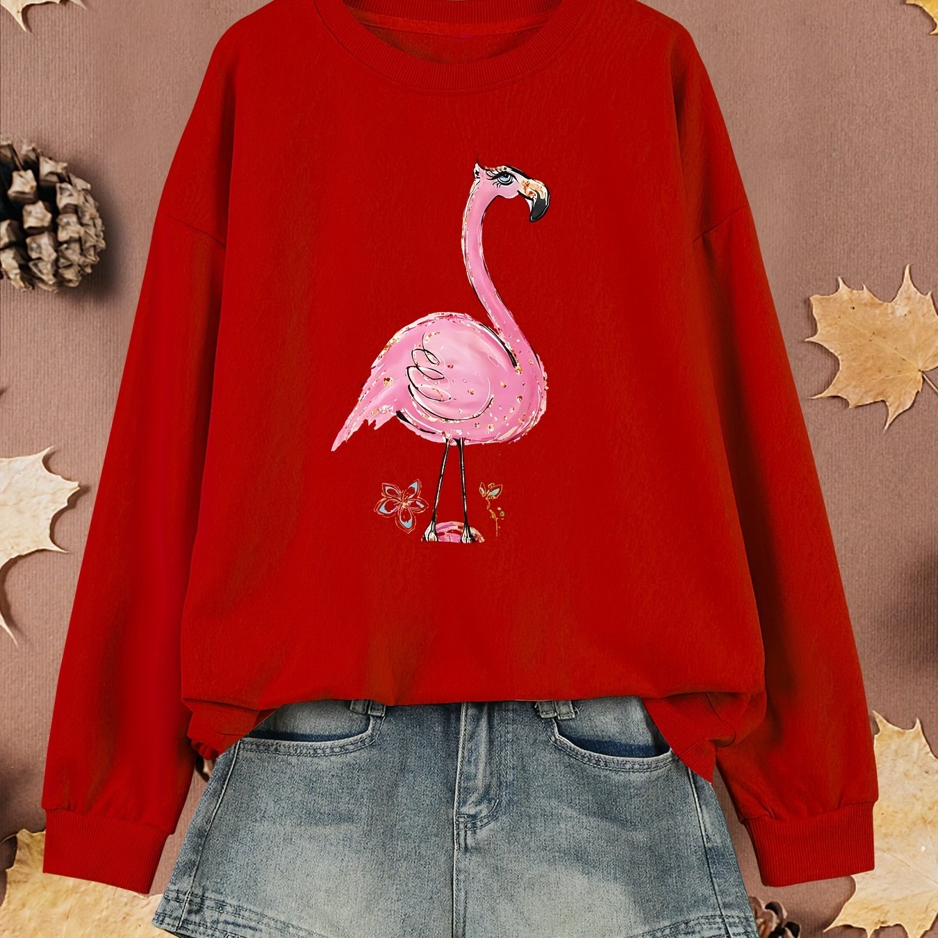 Women's Plus Size Flamingo Print Pullover Sweatshirt Long Sleeve Fall Spring