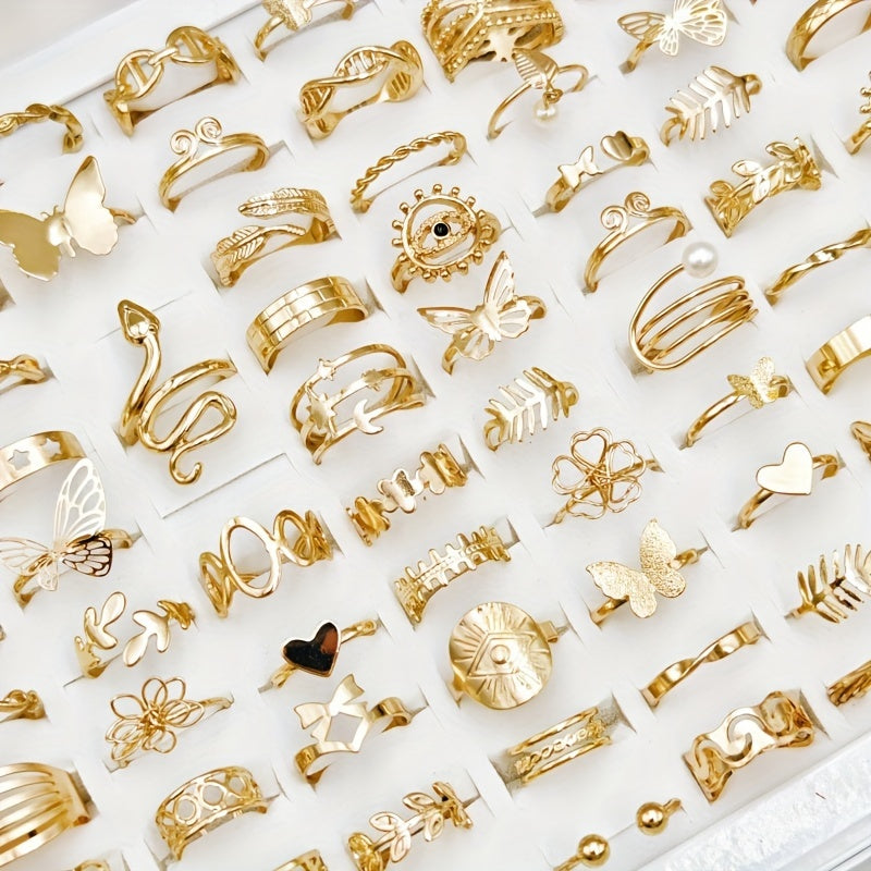 50 ta Ayollar uchun Hashamatli Oltin Qotishma Halqalar to'plami - Nafis va Qadimiy Qush va Ilon Dizaynlari bilan - Oddiy kiyim va Maxsus tadbirlar uchun ideal