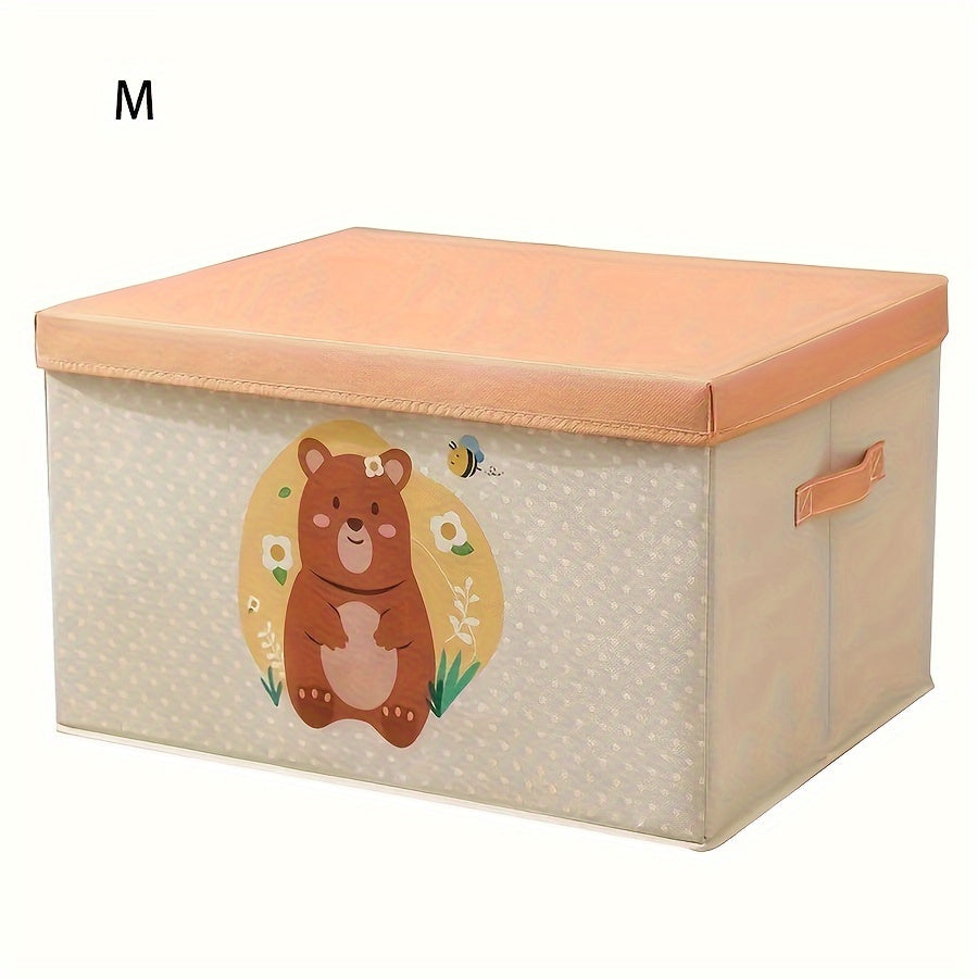 Large Capacity Fabric Storage Box with Lid Cartoon Bear Dog Dustproof Organizer for Clothes Quilts