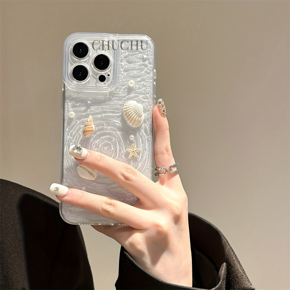 Funda de silicona transparente para teléfono con diseño de concha, estrella de mar, concha y perla para iPhone