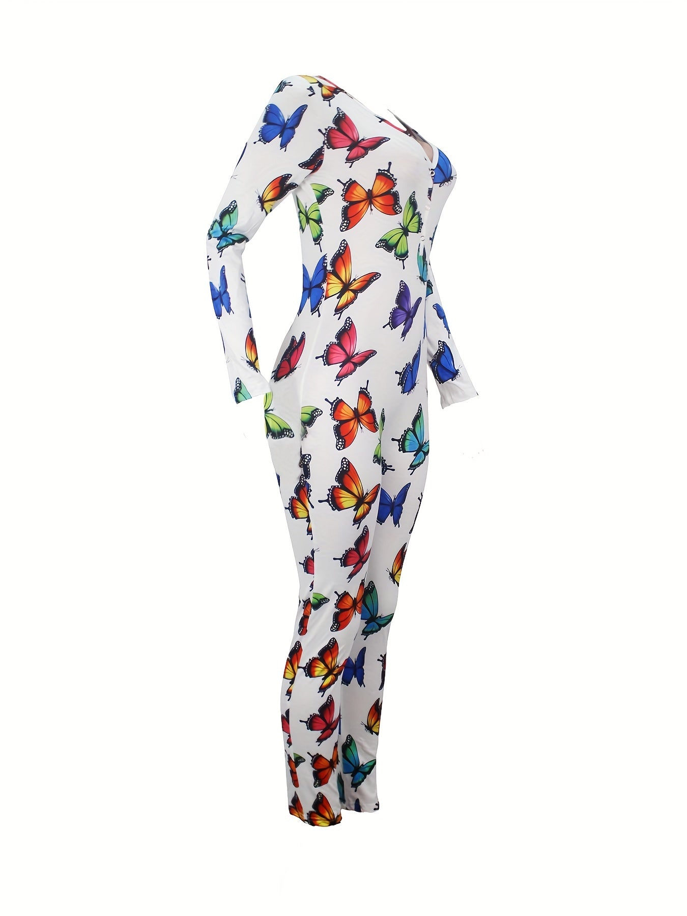 Women's Black Stretchy Butterfly Print Casual Jumpsuit with V-Neck and Button Front