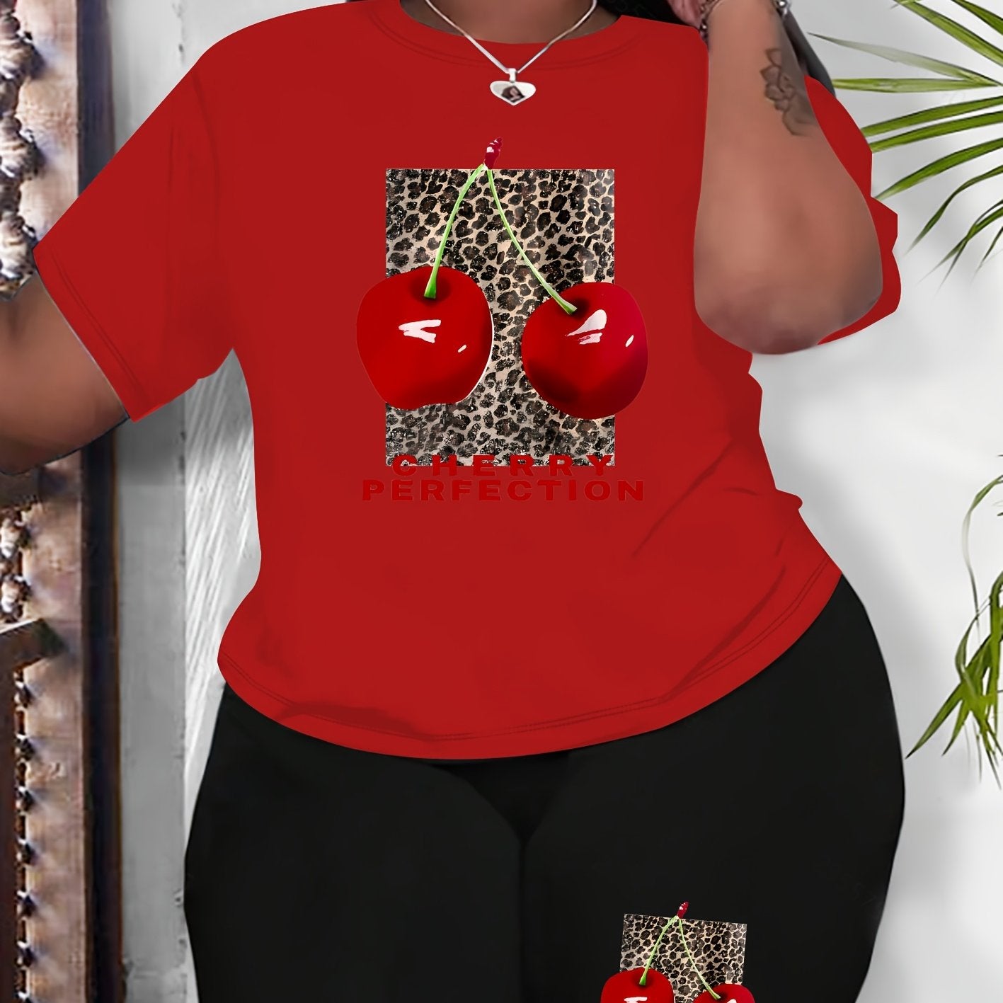 Plus Size Women Cherry Print Casual Outfit Shorts Set Summer Spring Fabric