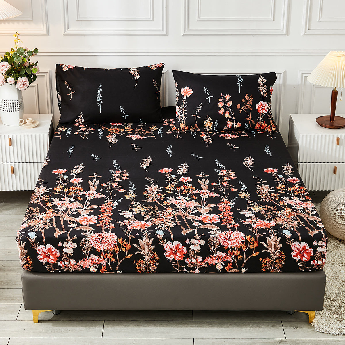 Flower Print Bedding Set Fitted Sheet and Pillowcase Set Soft Cozy Bedroom Guest Room