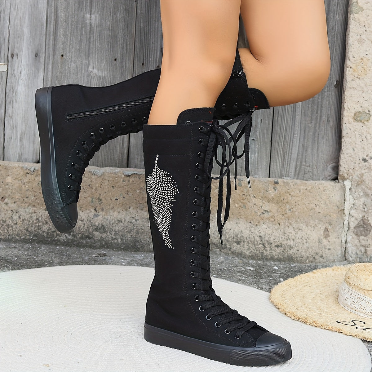 Women's Black High-Top Boots with Zipper Flat Heeled All-Season Casual Size 34-43