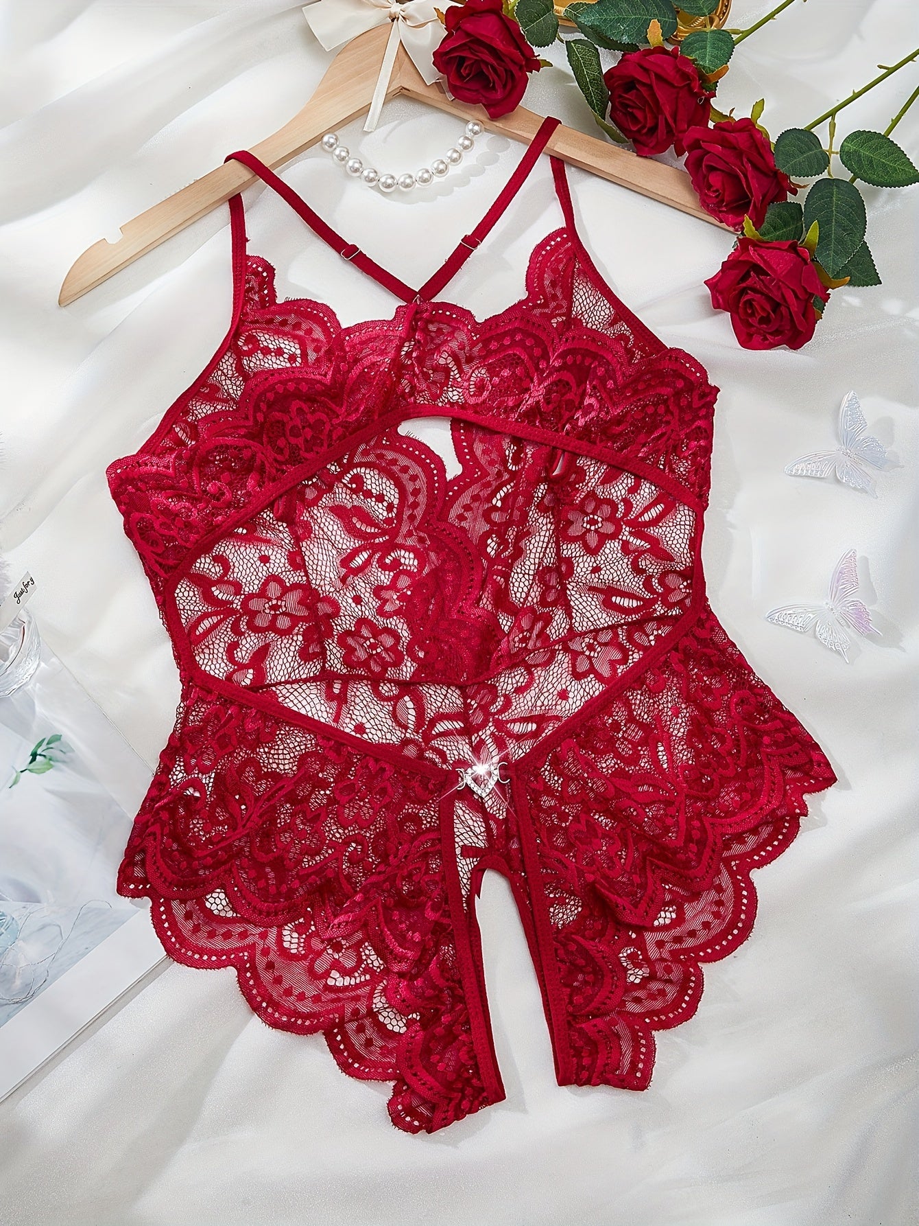 Lingerie Lace Bodysuit with Crotch Opening and Sparkling Buckle