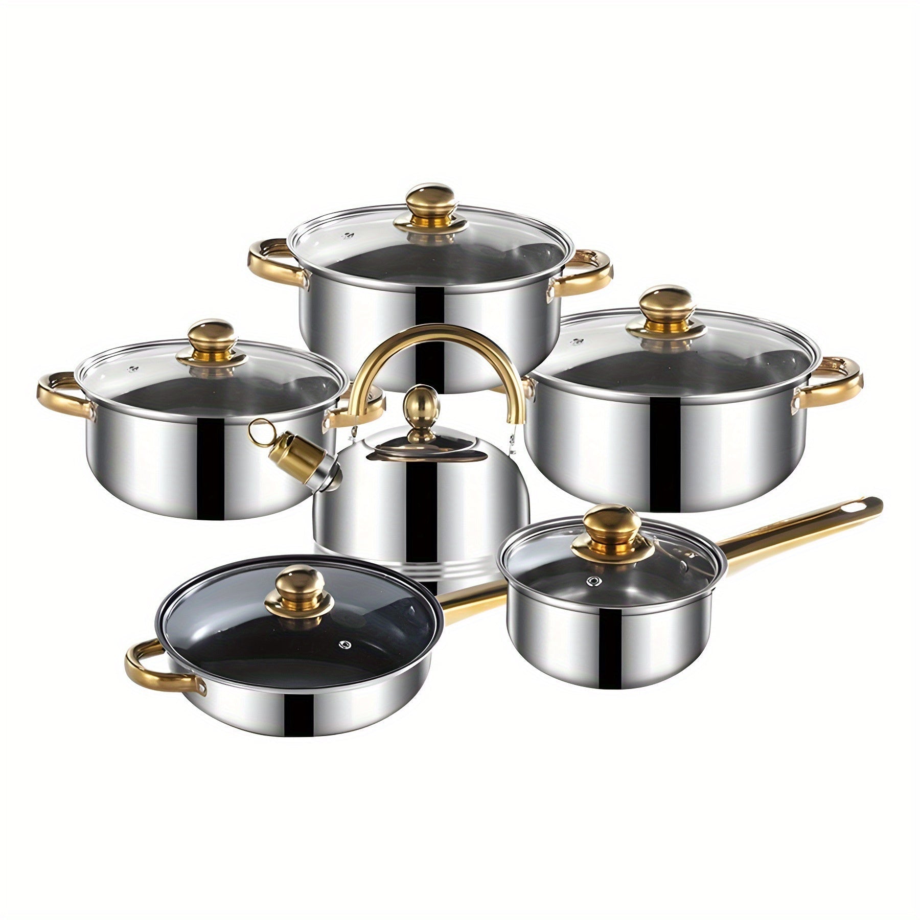 Stainless Steel Cookware Set 12 Pieces with Golden Handles Removable Lids
