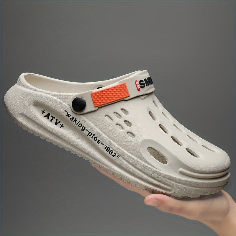 Men's EVA Clogs with Alphabet Design Breathable Slip-On Garden Shoes with Yellow Strap