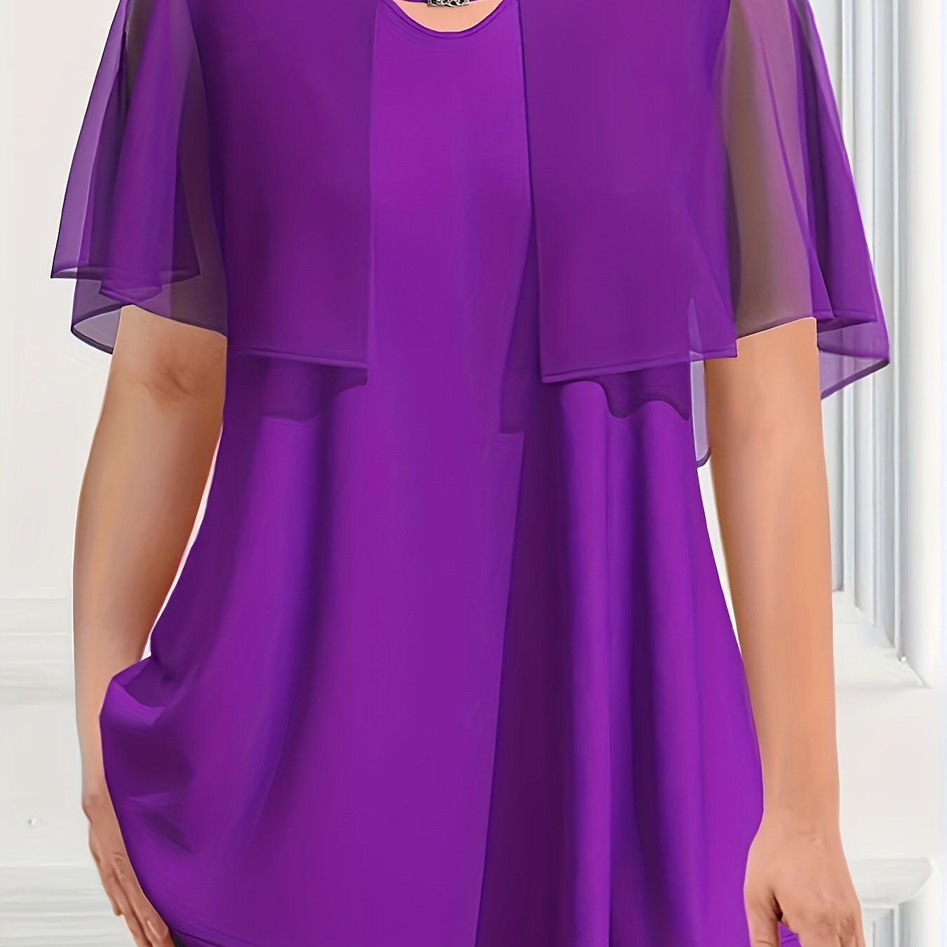 Plus Size Women's Royal Blue Chiffon Blouse with Flowing Sleeves