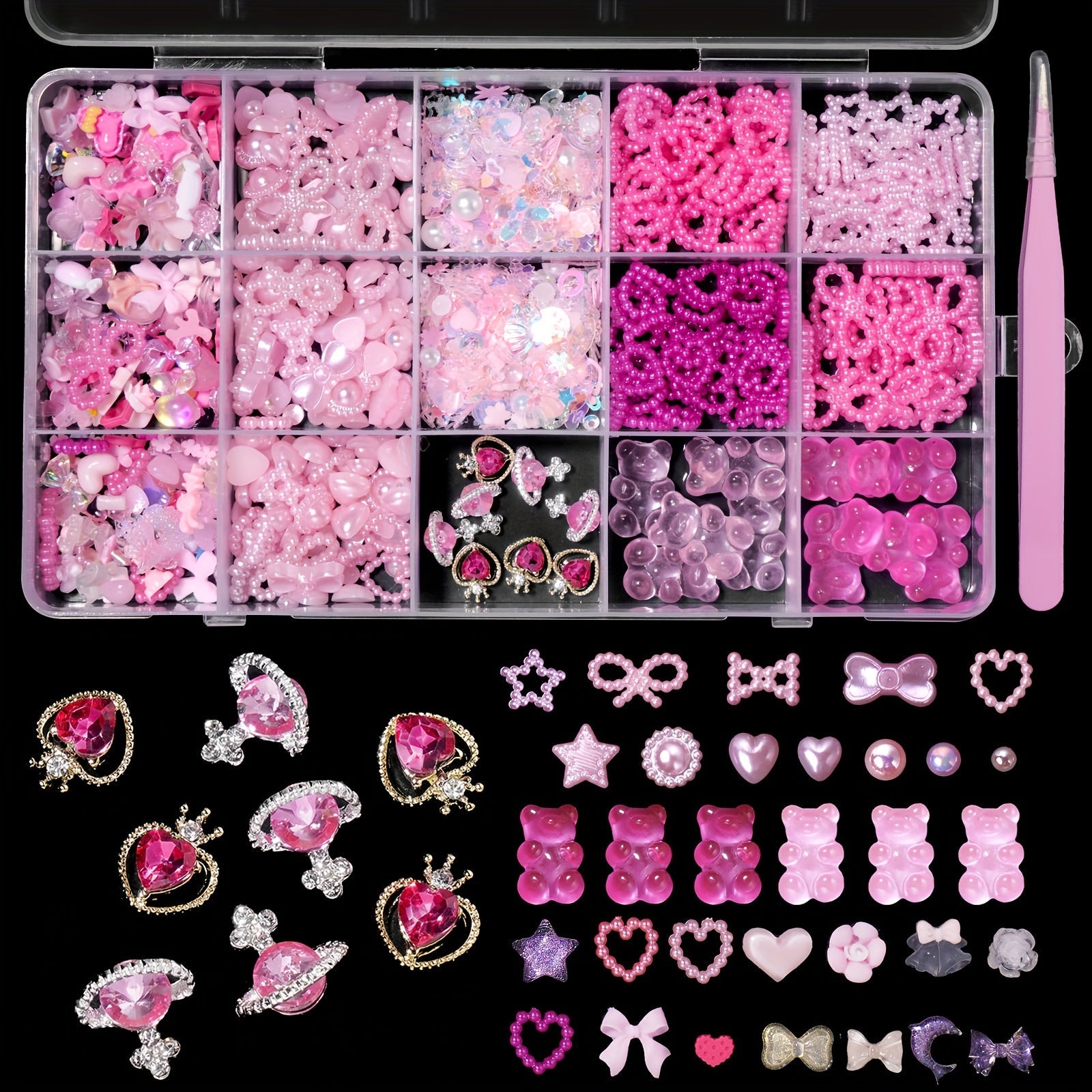 Pink 3D Nail Art Charms with Pearls Gems Hearts Bows for Manicure and Jewelry