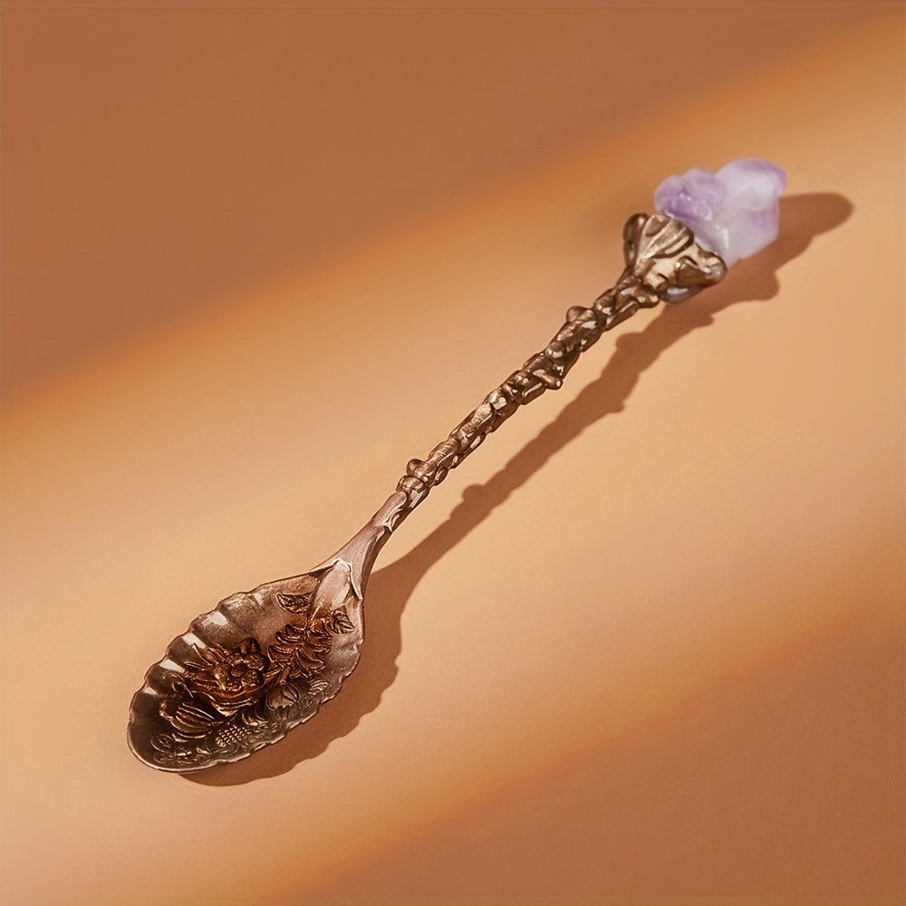 Set of Four Natural Amethyst Spoons with Tooth Flower Pattern for Desserts and Coffee