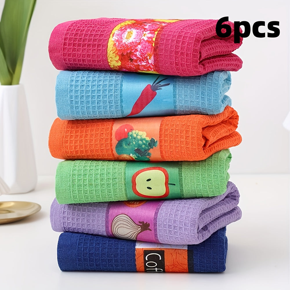 6-Piece Waffle Weave Kitchen Towels Set, Absorbent Dish Cloths, Plaid Design
