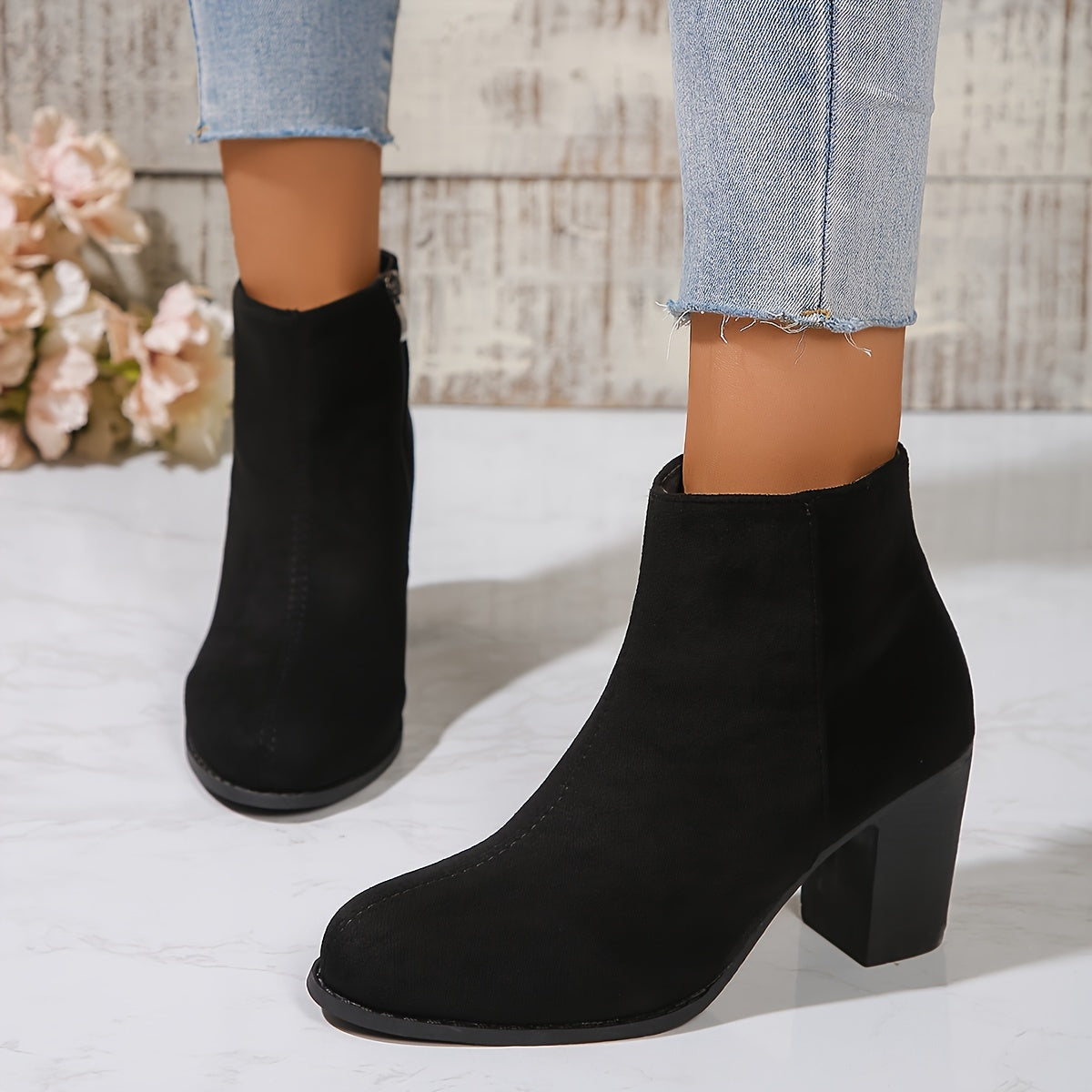 Women's Fabric Ankle Boots Side Zipper Round Toe Block Heel Solid Color