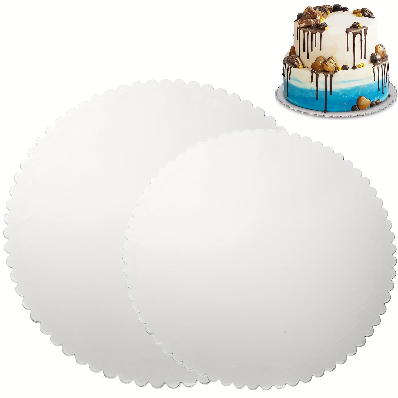 Set of 10 Silver Round Cake Boards with Scallop Edge, Disposable, Grease Proof
