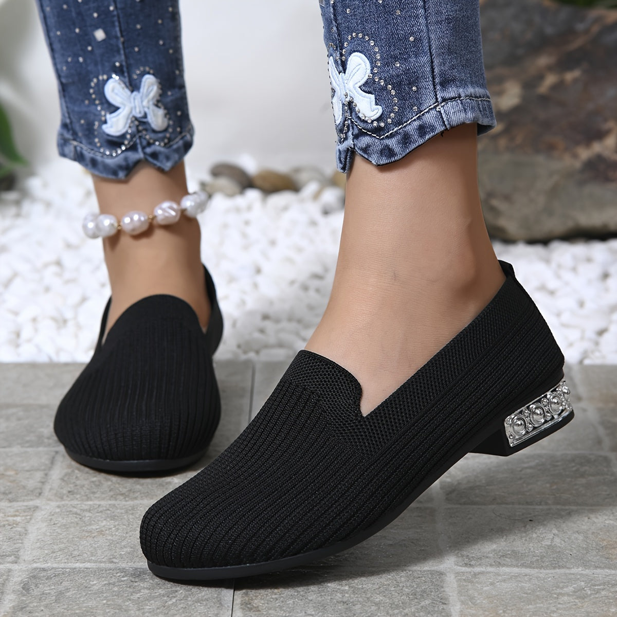 Women's Breathable Fabric Pumps with Plain Toe and Low Block Heel
