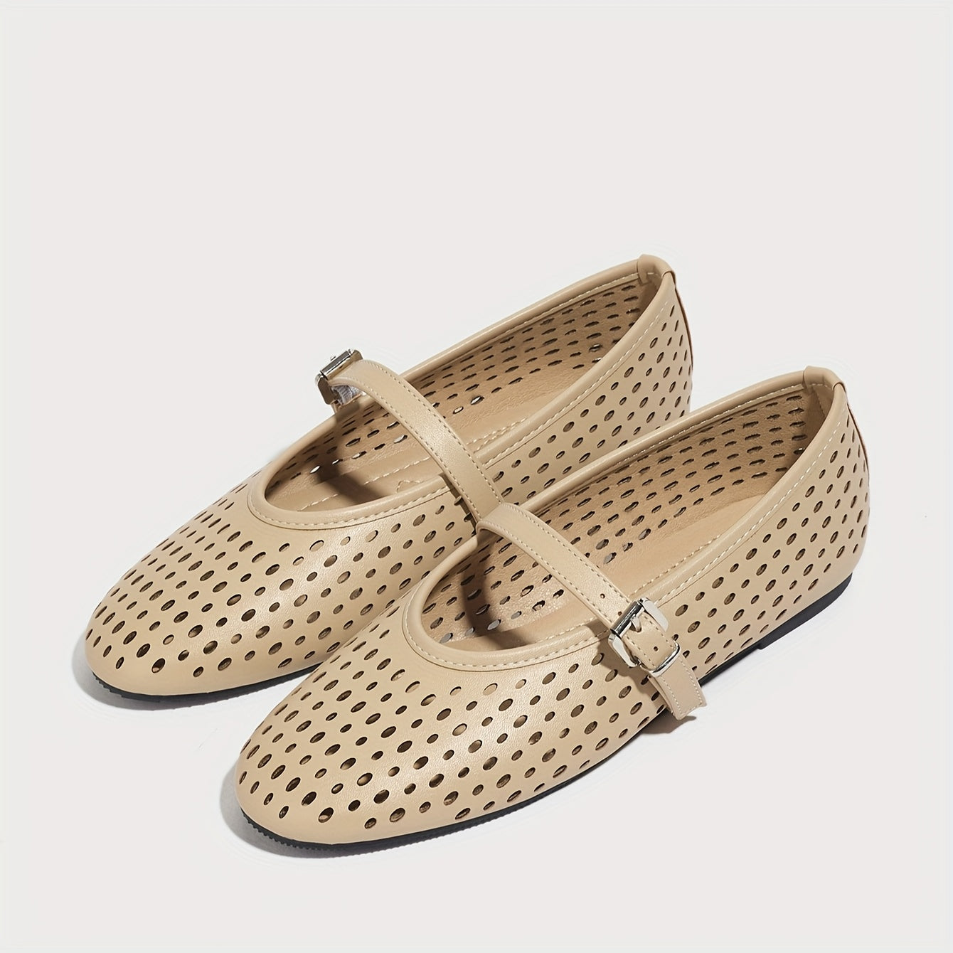Women's Breathable Cut-Out Mary Jane Flats Synthetic Ballet Shoes with Adjustable Buckle