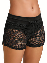 Women's Low Waist Mesh Swim Shorts with Drawstring Hollow Out Beach Bottoms