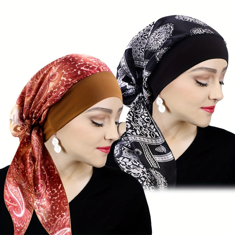 Women's Satin Printed Turban Caps Pack of Two with Stretchy Wide Band for Sleeping and Casual Wear