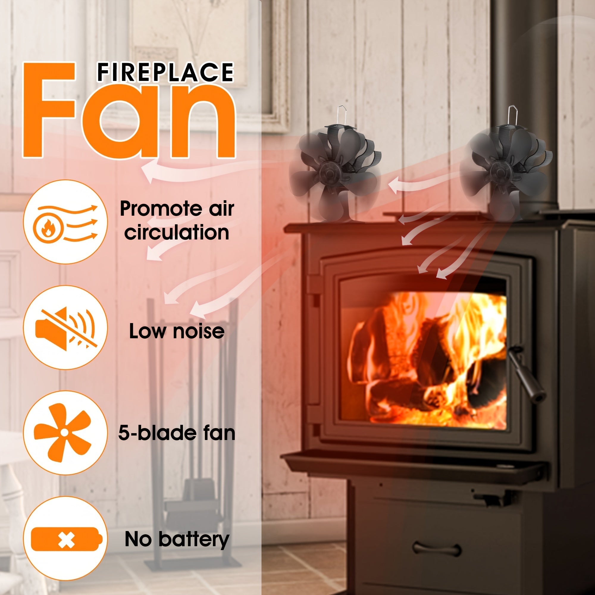 Fireplace Stove Fan Black Heat Powered Log Burner Fan with Overheat Protection