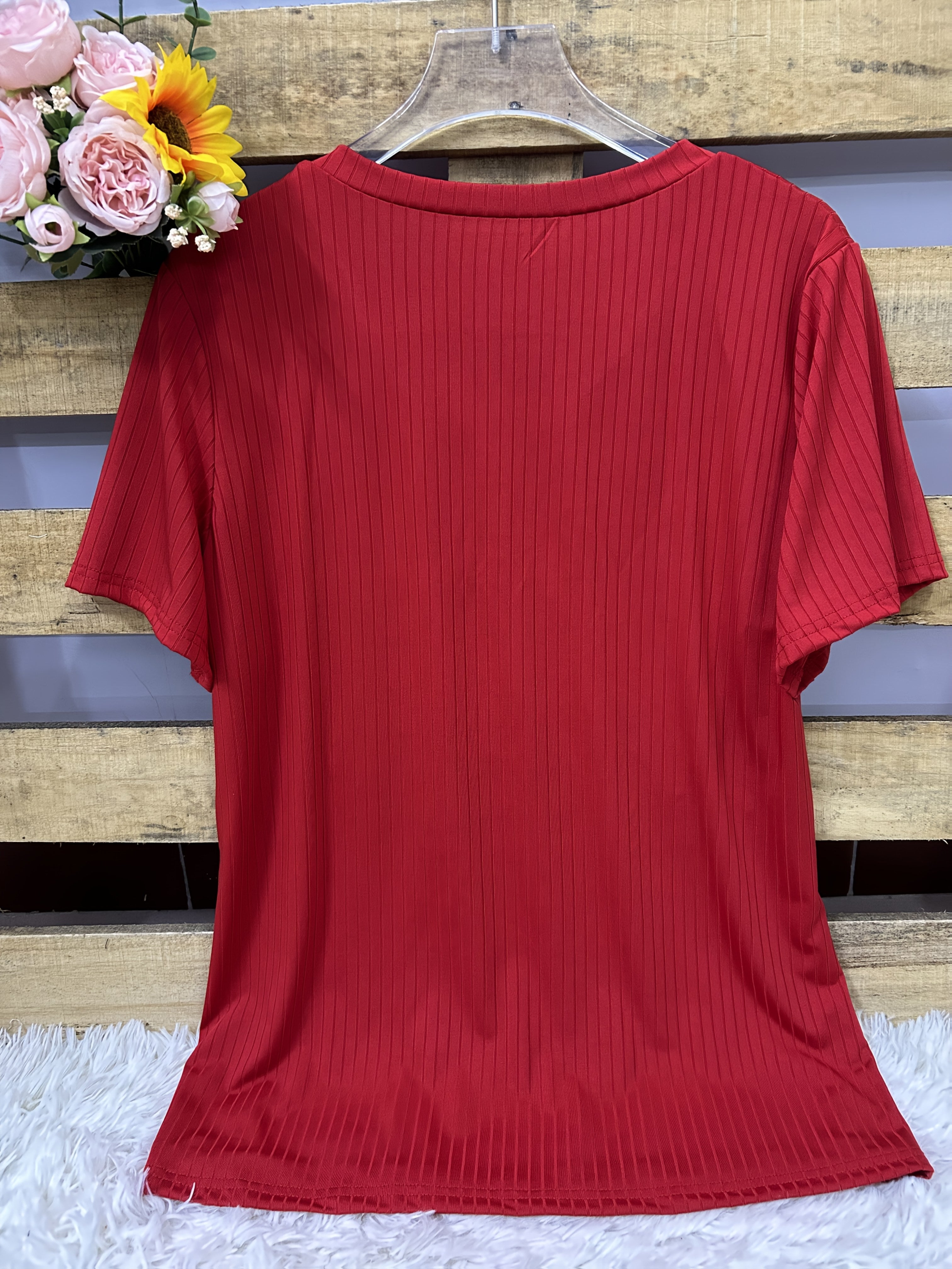 Women's Short Sleeve V-Neck T-Shirt with Gold Button Front Solid Color