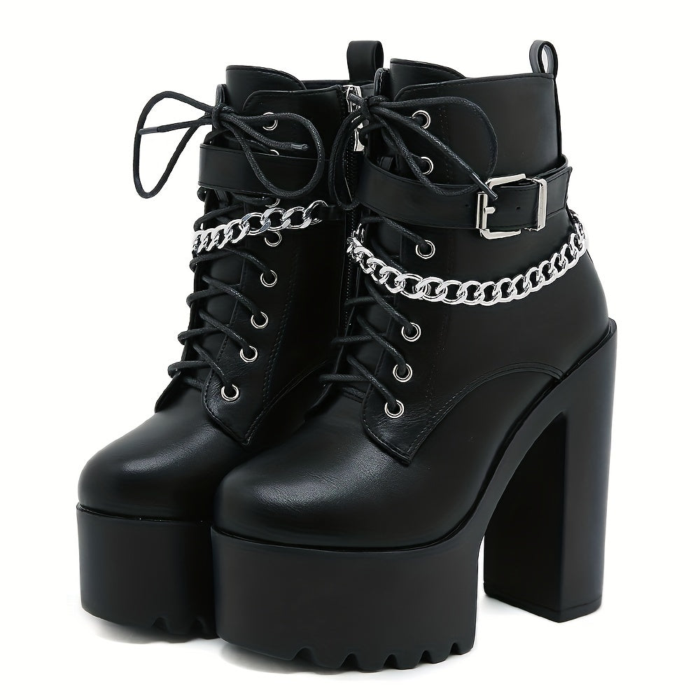 Women's Ankle Boots with Chain Decor Block Heel Lace-Up Side Zipper All-Season