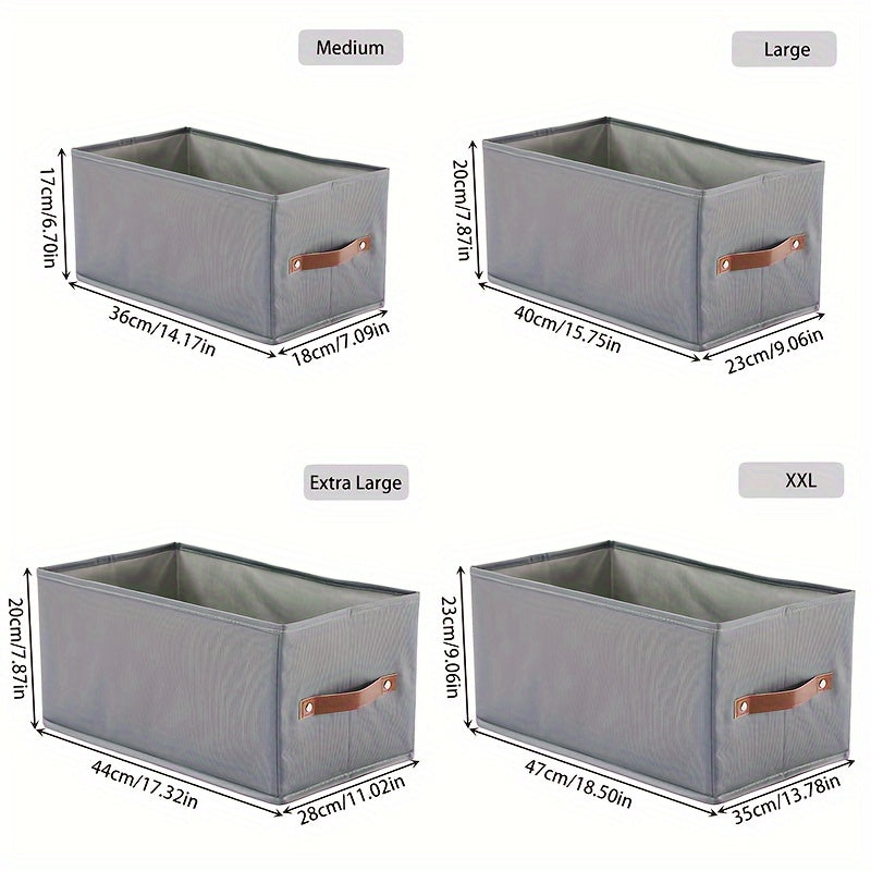 Qo‘lqopli to‘g‘ri burchakli saqlash qutilari, shkaflar yoki yotoq javonlari uchun mukammal. Ushbu yig‘iladigan mato qutilar kulrang yoki bej rangda bo‘lib, joyingizni tartibga solishda ideal. Yotoq osti saqlash uchun ham juda yaxshi!