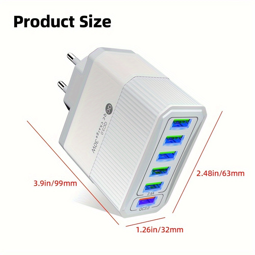 6-port USB devor zaryadkasi 30W tez zaryadlash QC 3.0 EU rozetkasi uchun mobil qurilmalar