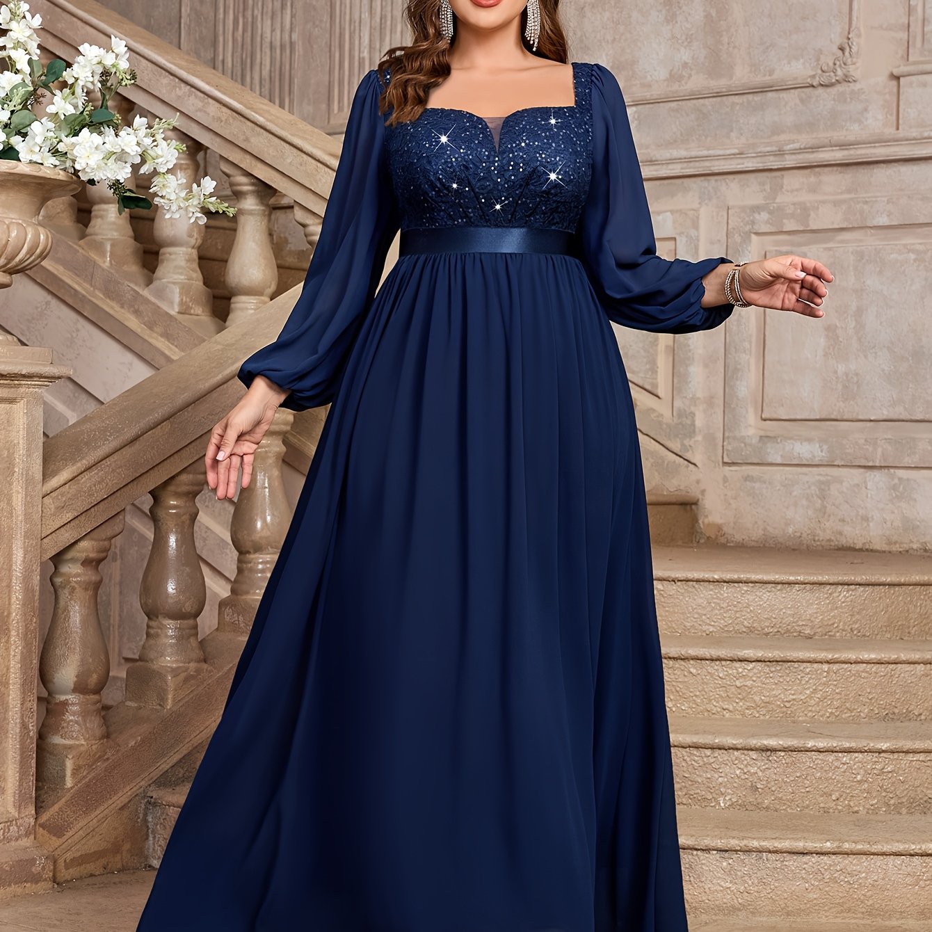 Plus Size Women's Sequin Lace Chiffon Evening Gown with Puff Sleeves