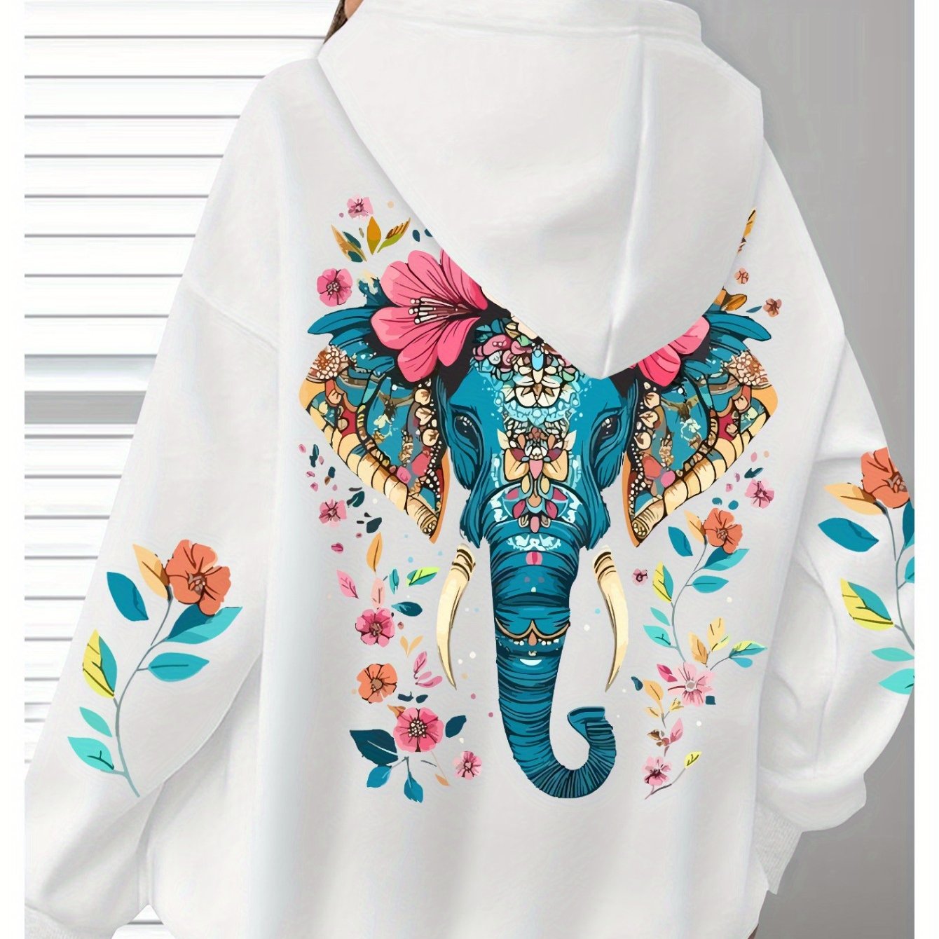 Women's Oversized Hoodie Pullover with Elephant Floral Back Print