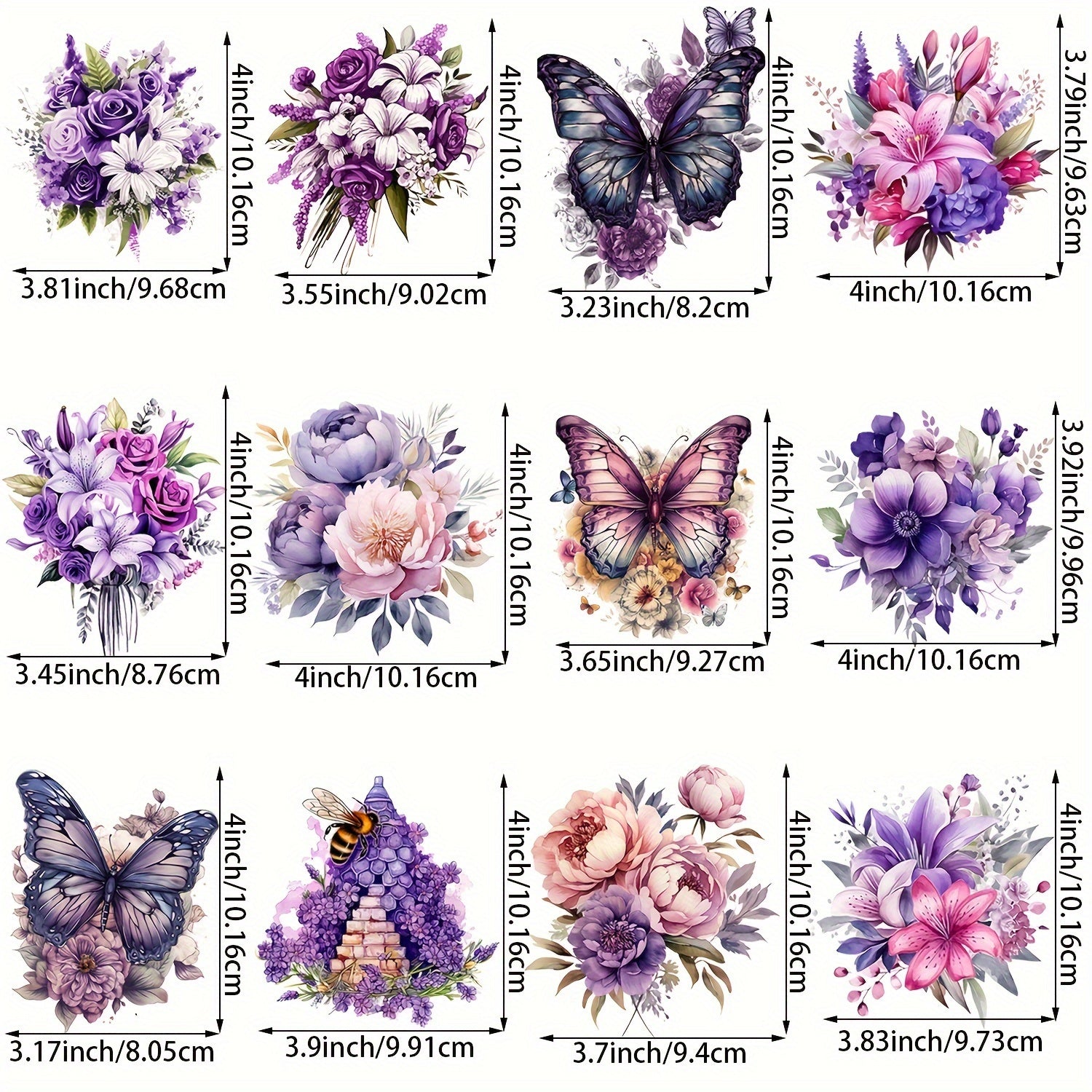 12-Piece Purple Flower and Butterfly Iron-On Transfer Stickers for Clothing and Accessories