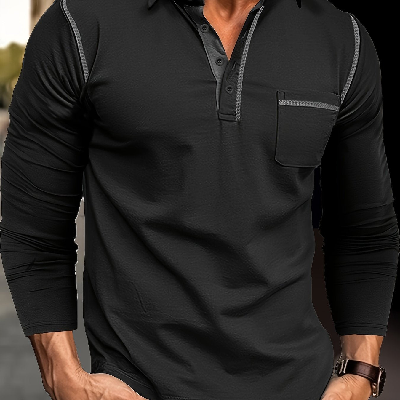 Camisa Henley de manga larga de talla grande para hombre con bolsillo en el pecho, punto de algodón y poliéster, para otoño y primavera