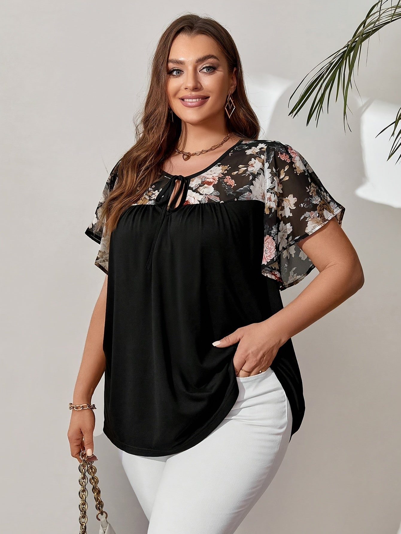 Plus Size Women's Black Floral Blouse with Tie-Front and Butterfly Sleeves