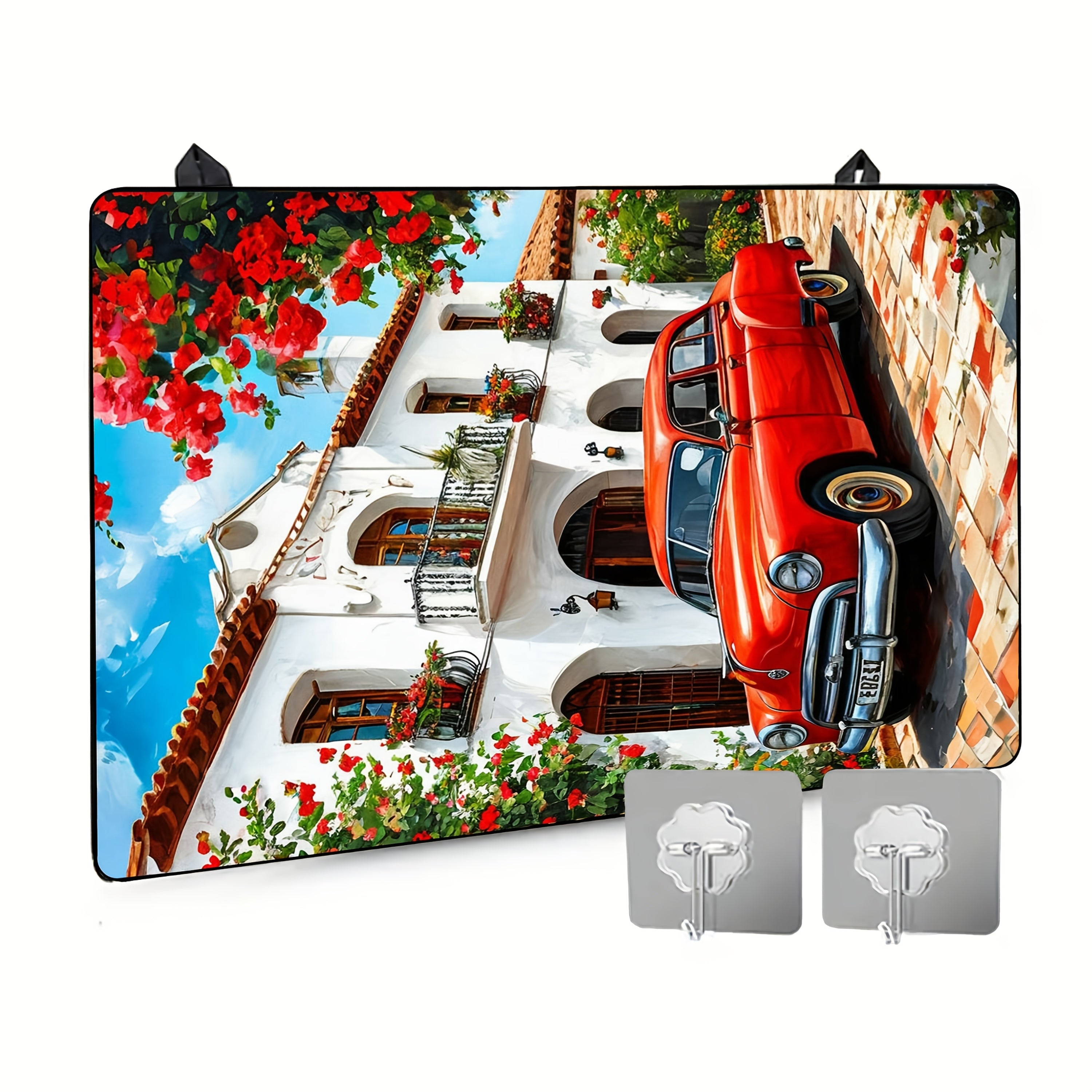 Vintage Red Car and European Scenery Kitchen Mat 72cm x 52cm Heat-Resistant Rubber Protector