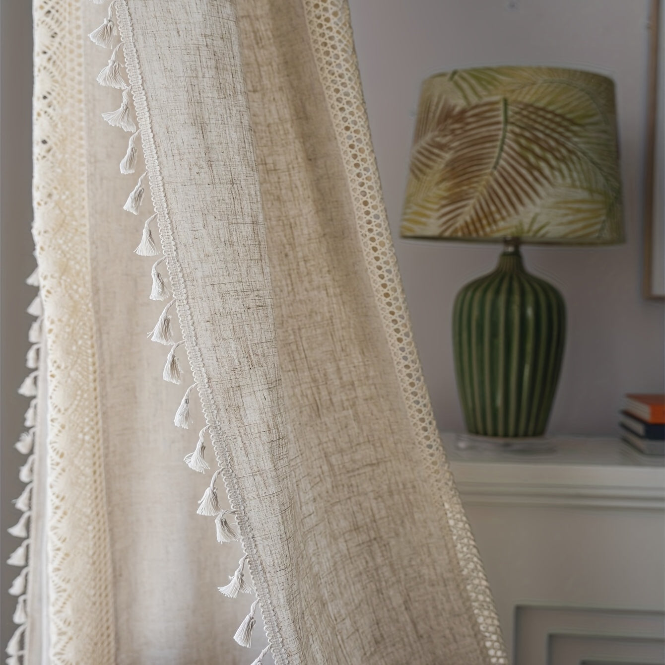 Bohem tarzidagi linen pardasi, geometrik kesimlar va tassellar bilan, UV himoyali, yorug'likni filtrlaydigan deraza bezatmasi