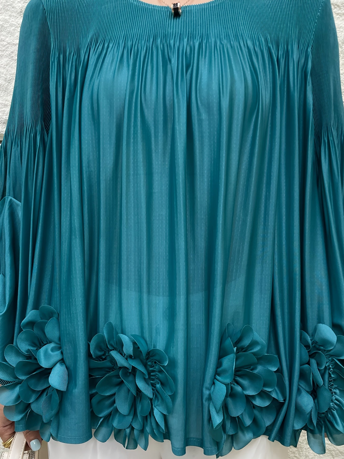 Women's Oversized Pleated Blouse with Floral Applique Light Blue Long Sleeve