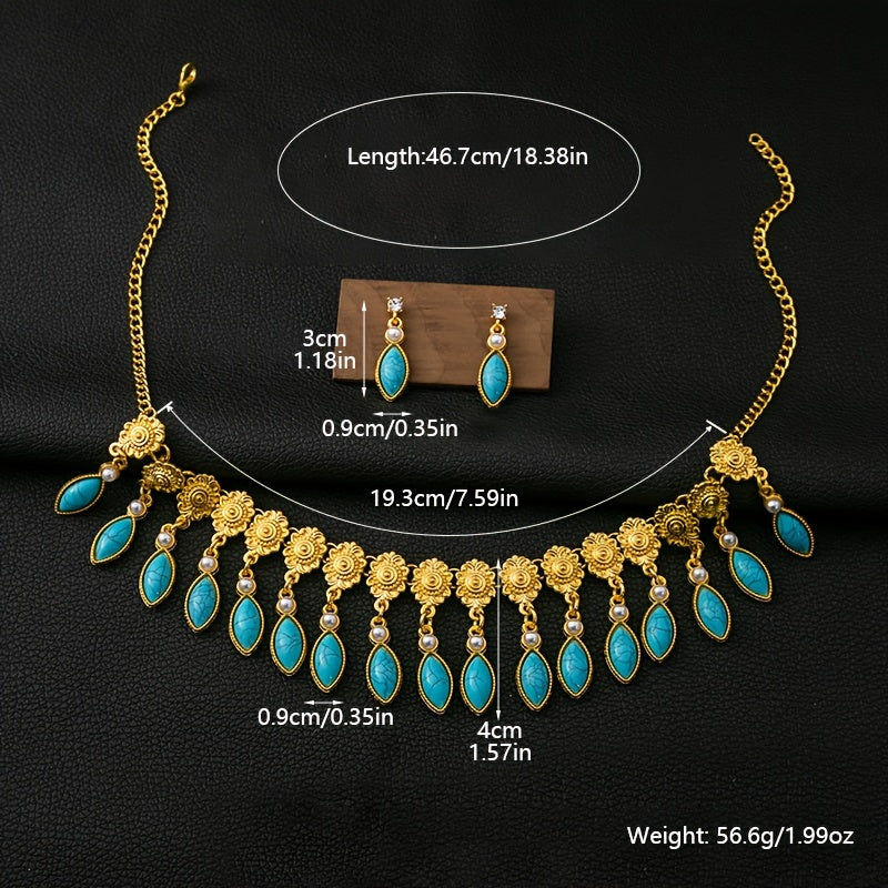 Vintage Boho-Chic Jewelry Set Rhinestone Faux Pearl Necklace Earrings Ring for Weddings and Events