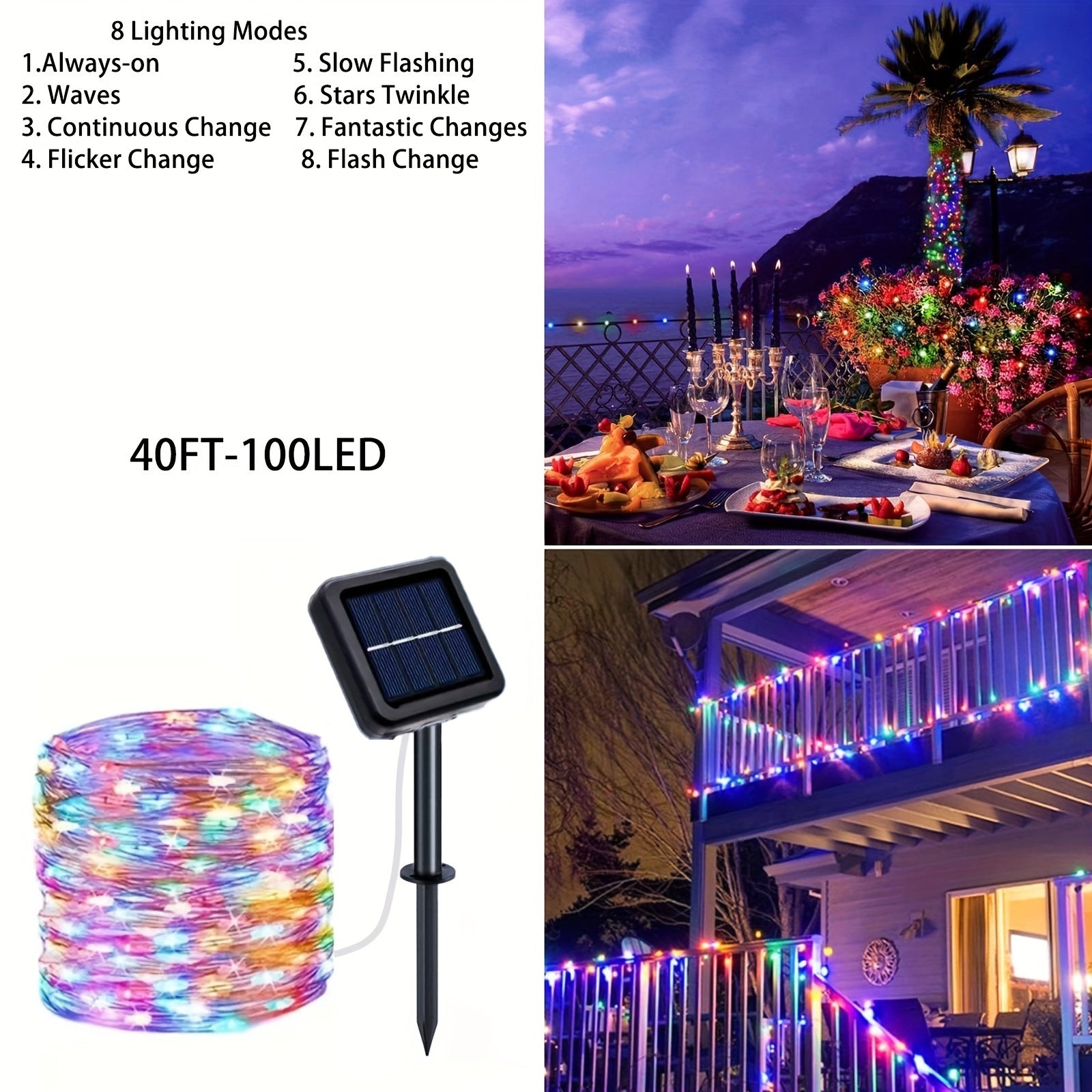 Solar Powered LED String Lights 12.19-32 Meters 100/300 LEDs Outdoor Decor Patio Tree Balcony Gazebo