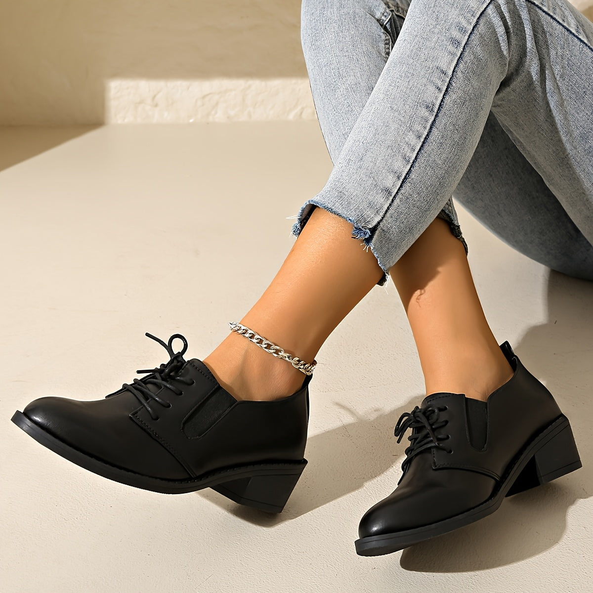 Women's Black Casual Oxfords with Golden Buckle Synthetic Leather Shoes