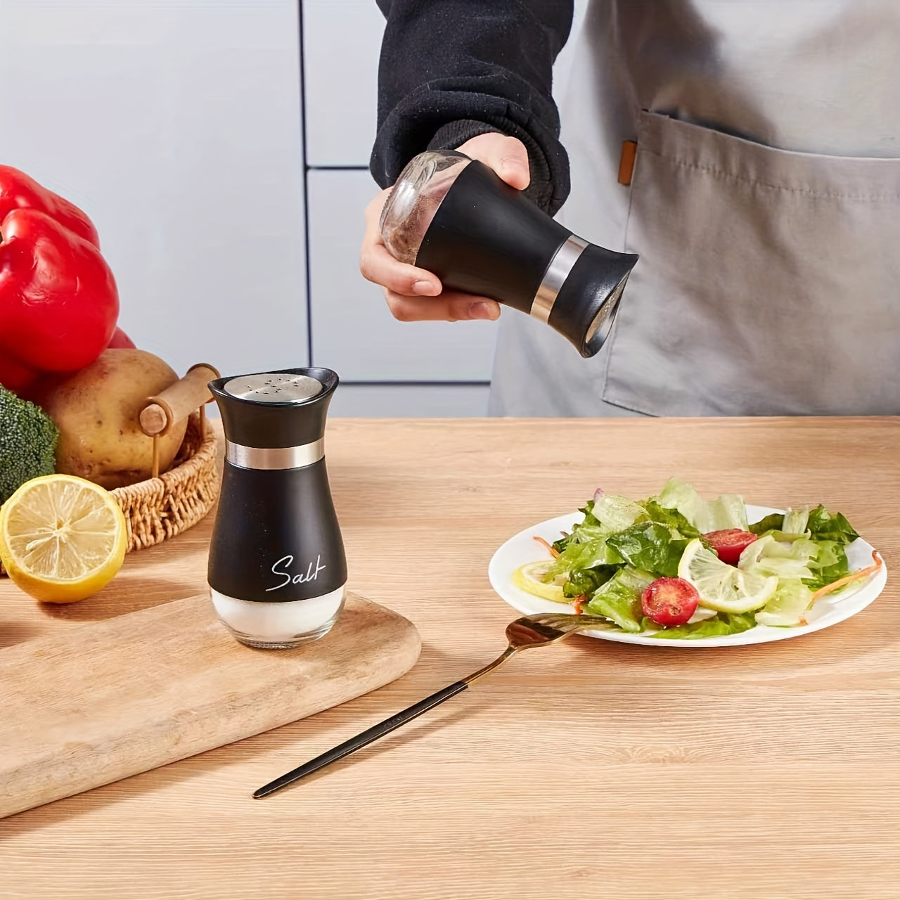 Salt and Pepper Shaker Set with Glass Bottom Bottles and Stand for Kitchen and Camping