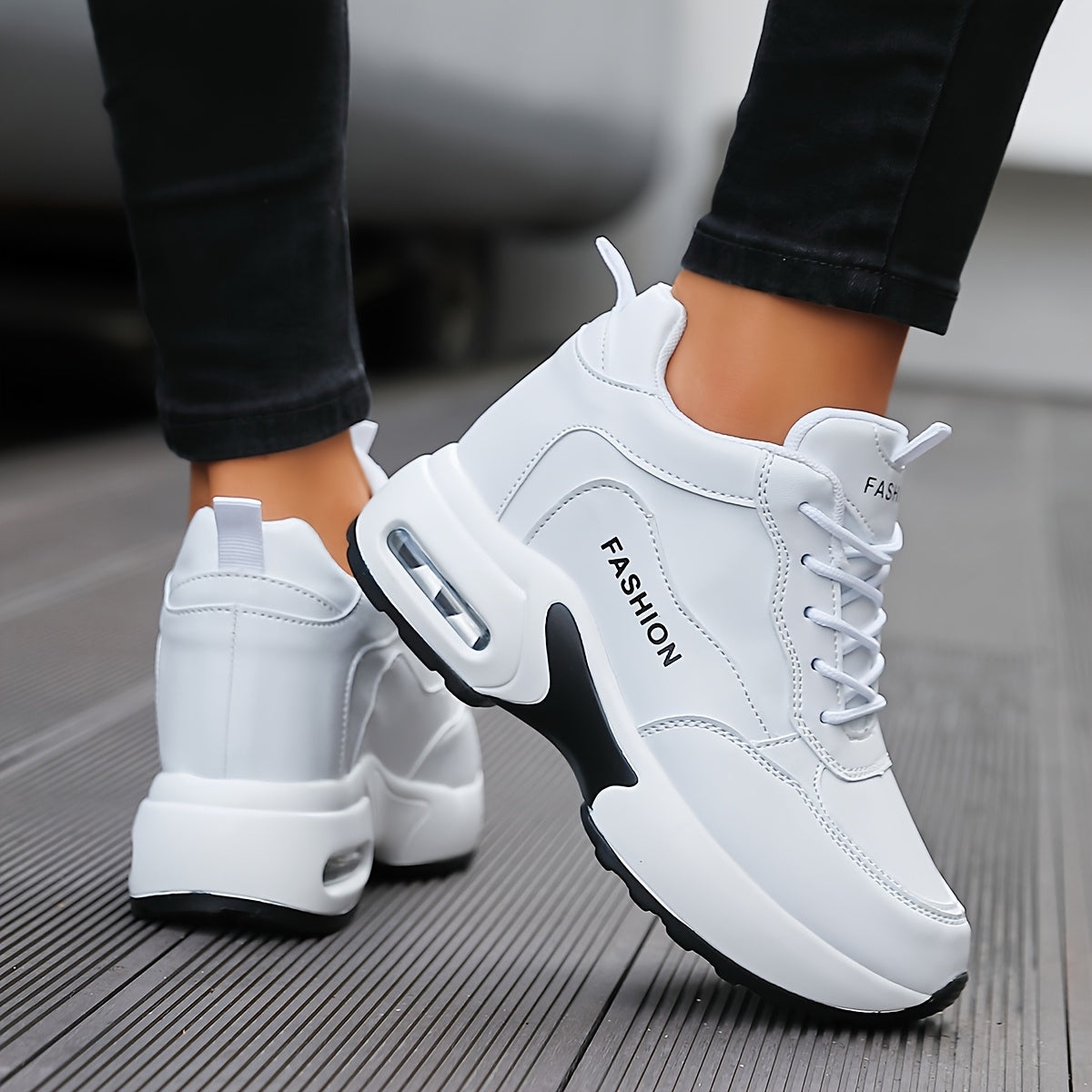 Women's White PU Sneakers Air Cushion Low Top Athletic Shoes
