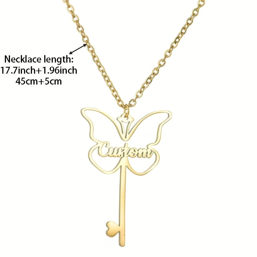 Gold Plated Butterfly Key Pendant Necklace Personalized Name Jewelry for Women