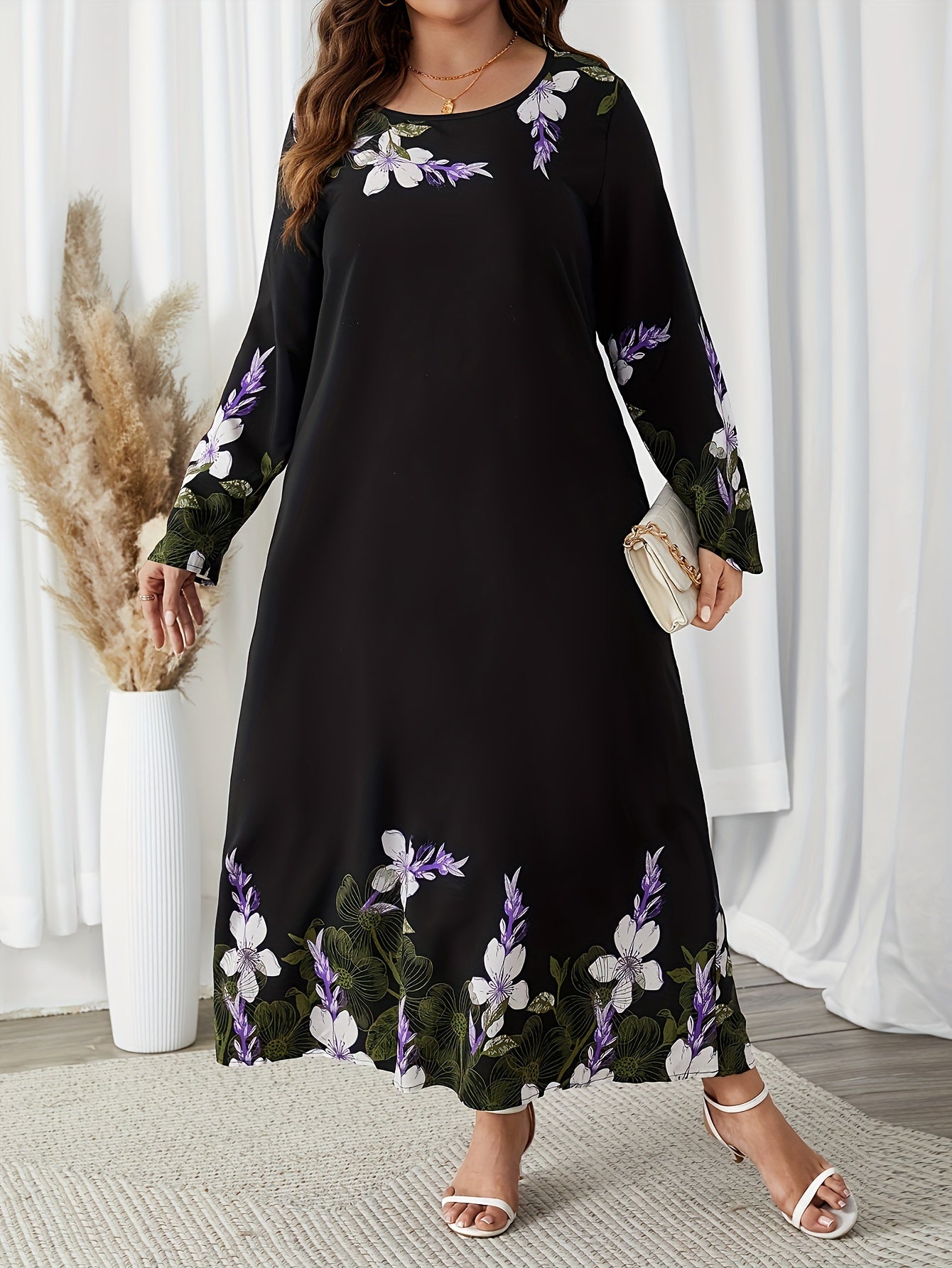 Gul naqshli uzun qo'lqonli, bahor va kuz uchun mukammal, pluss o'lchamdagi ayollar kiyimlari