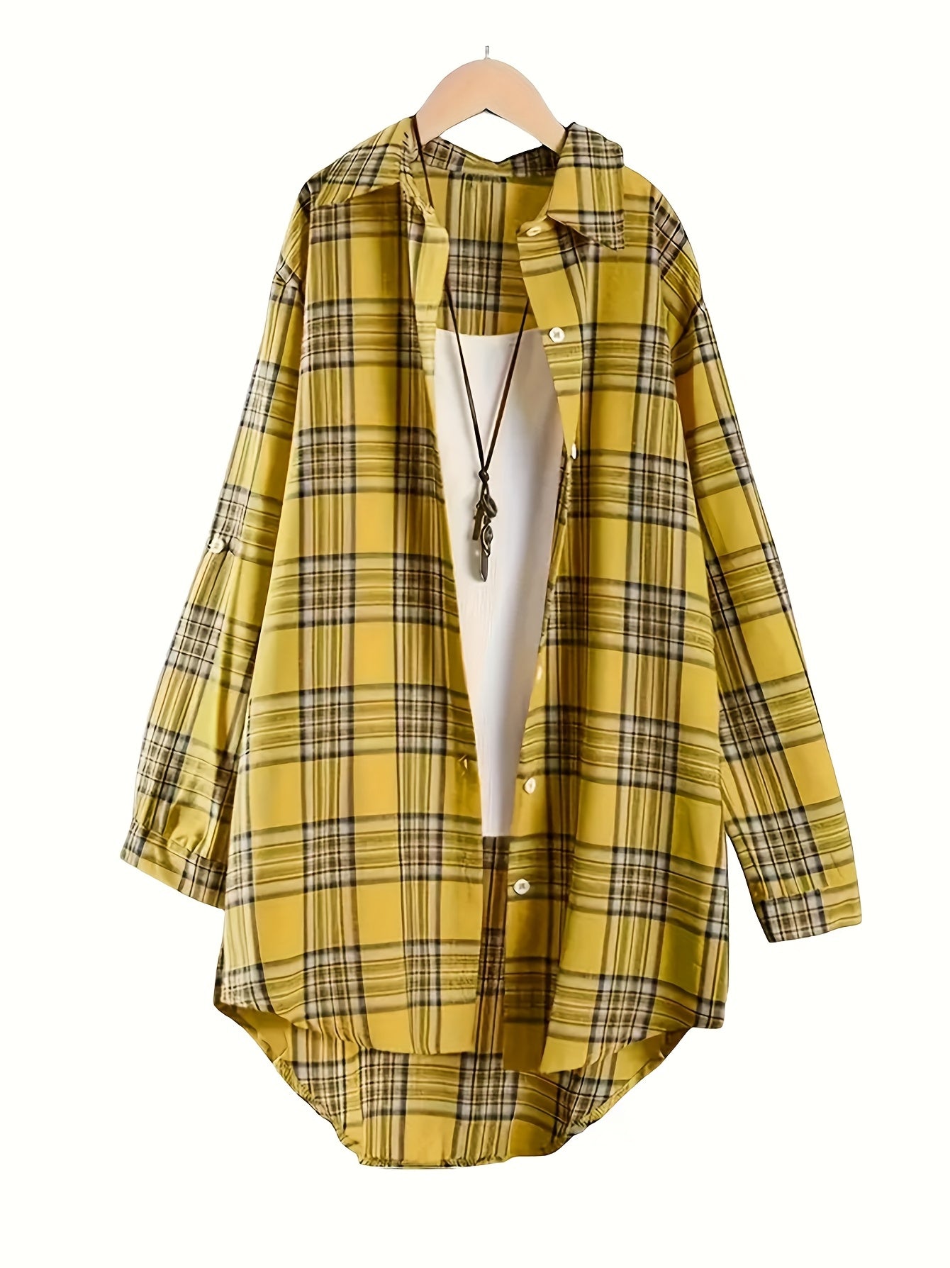 Plus Size Women's Plaid Shirt with Lapel Collar Long Sleeves Dipped Hem Spring Casual