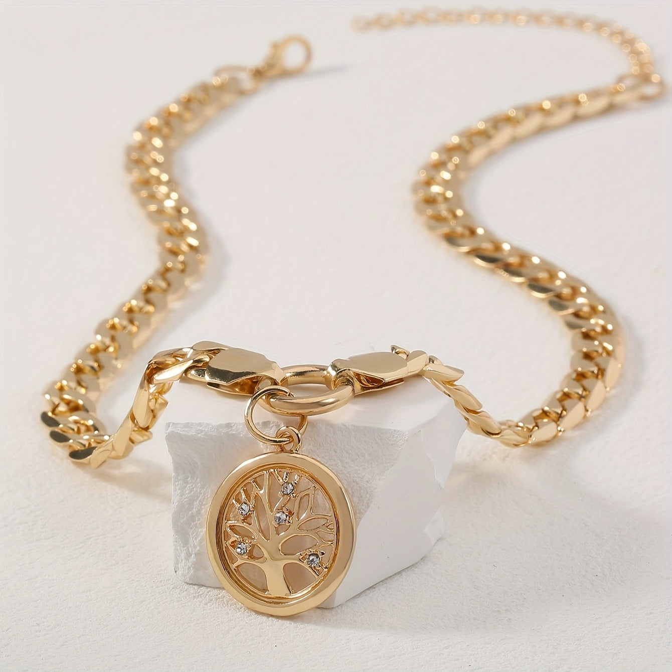 Set of 2 Inlaid Zirconia Tree Pendant Necklaces with Cuban Link Chain for Women