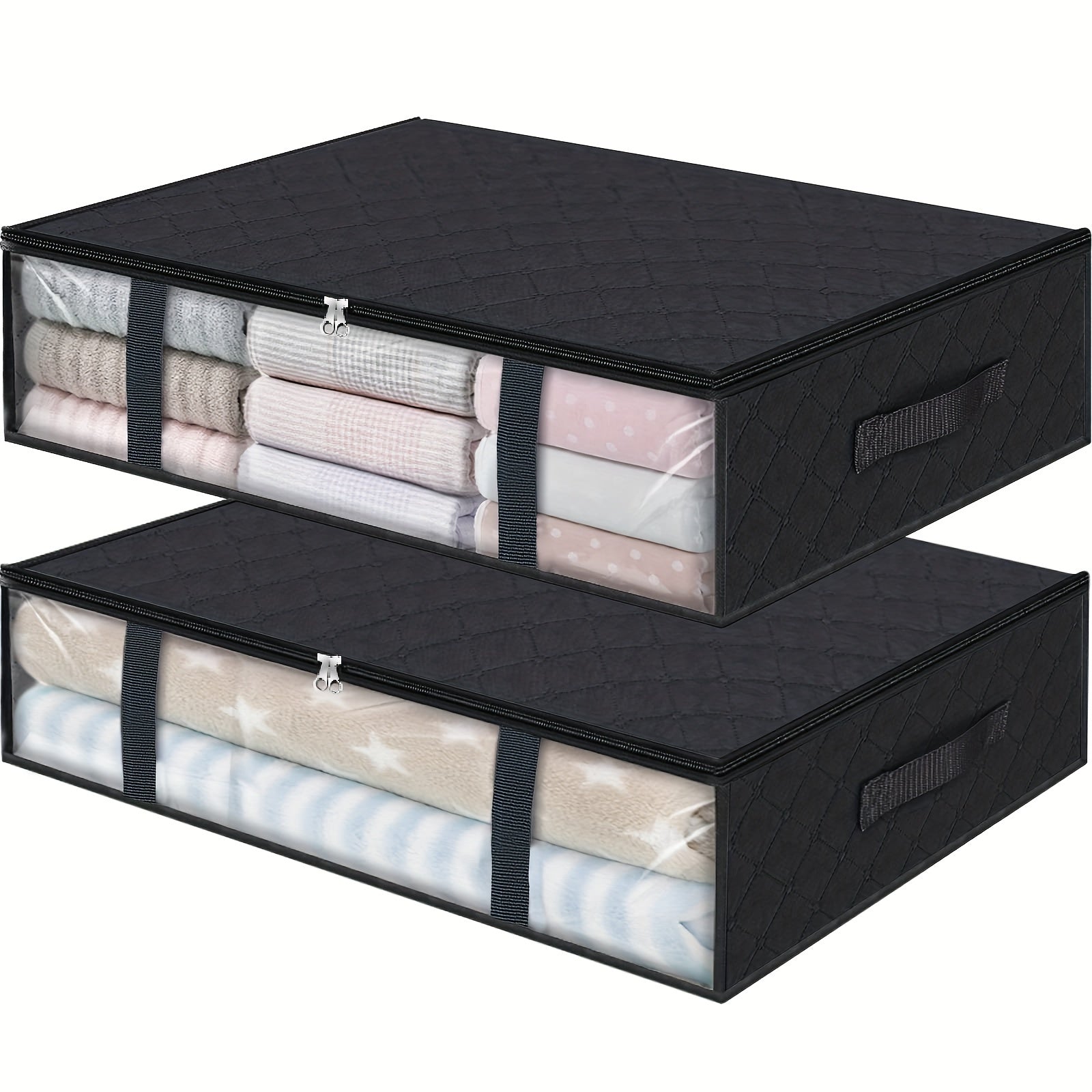 Large Capacity Under-Bed Clothes Storage Organizer Foldable Box Clear Window 2 Pack