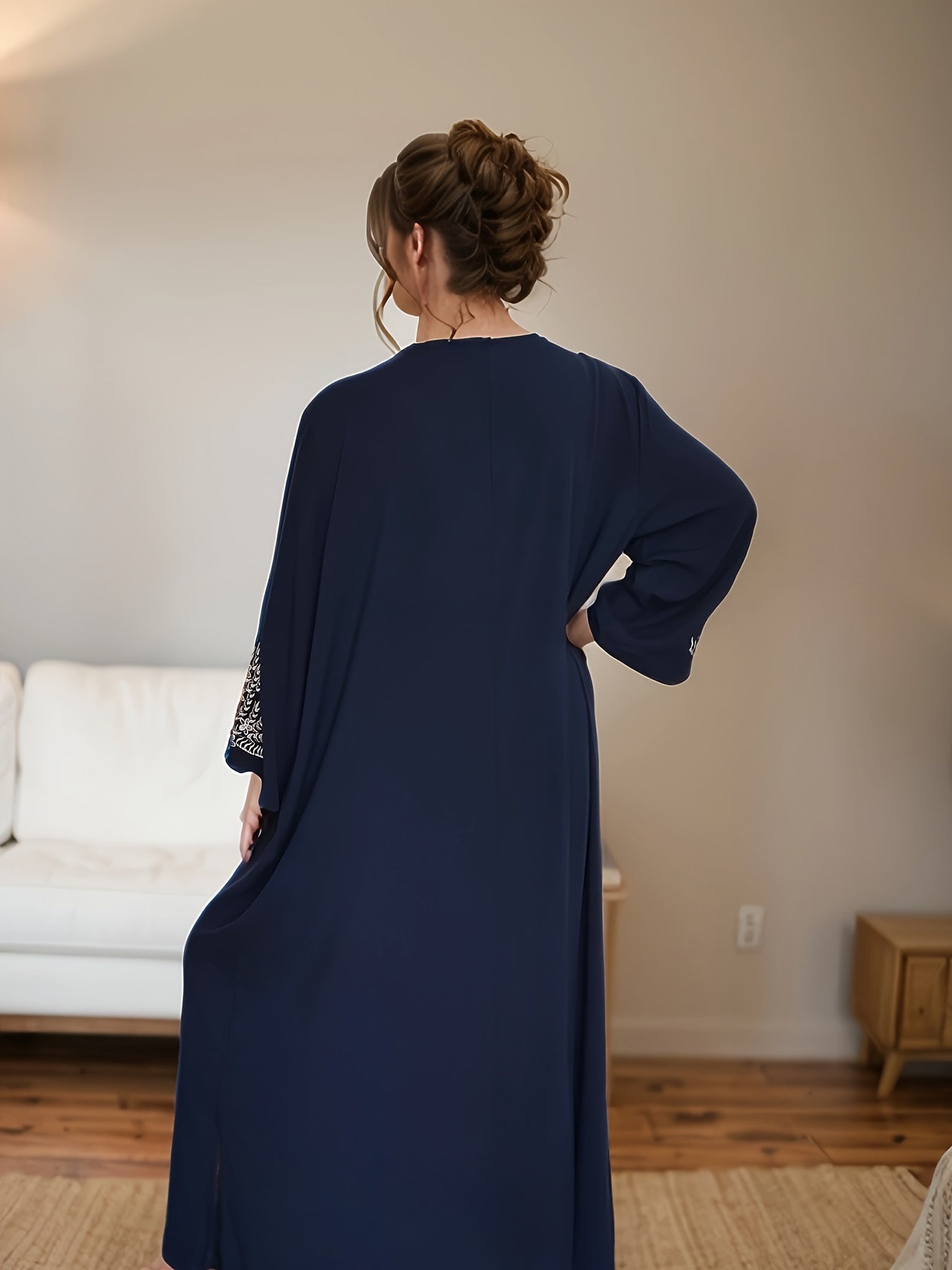 Women's Plus Size Black Blue Bohemian Floral Nightgown with 3/4 Sleeves