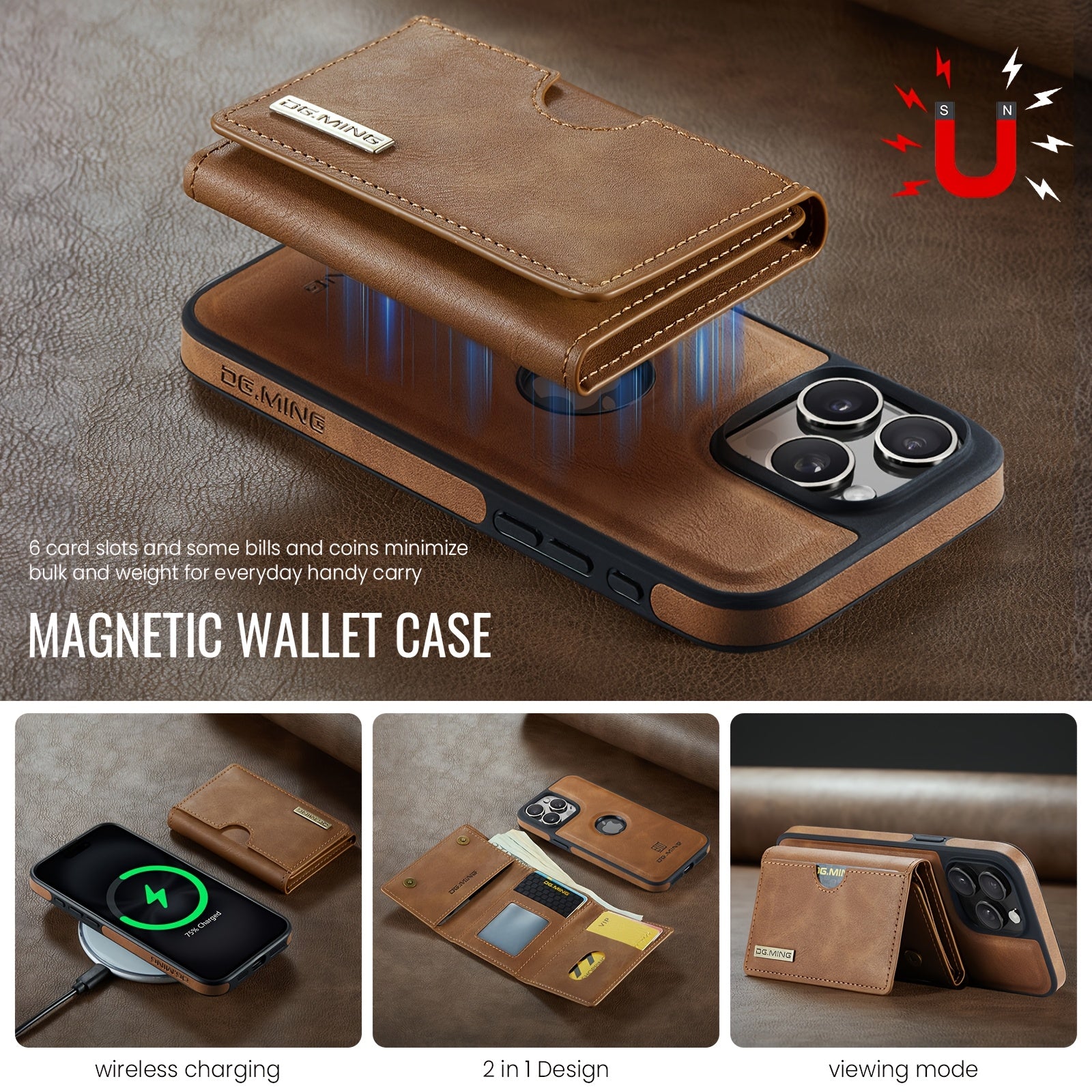 Magnetic Faux Leather Wallet Case for iPhone with Card Holder RFID Protection Wireless Charging Stand