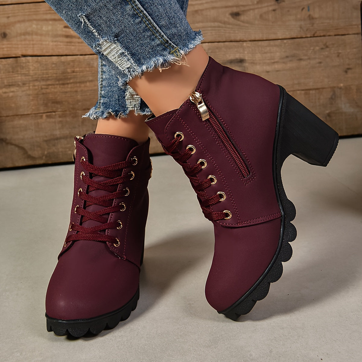 Women's Faux Cover Ankle Boots with Lace-Up, Side Zipper, Chunky Heel