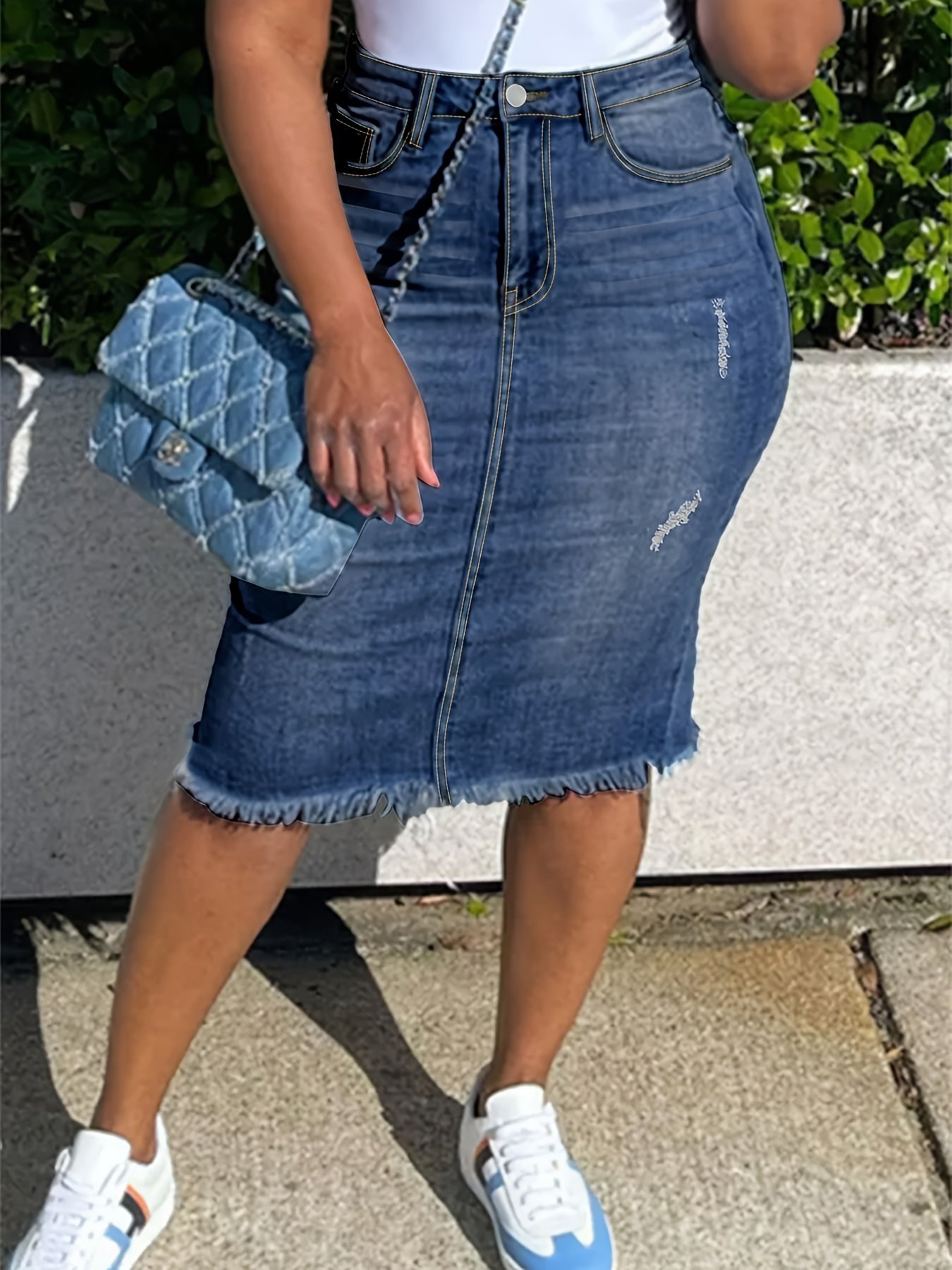 Women's Plus Size Denim Skirt Knee-Length A-Line Casual Jean with Distressed Hem