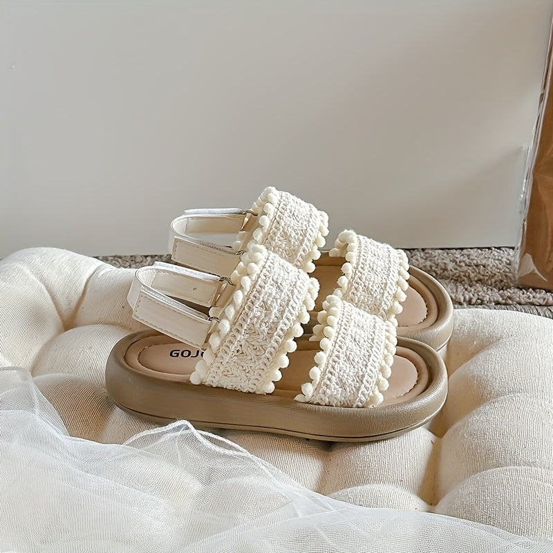 Летние пляжные сандалии для девочек, однотонный цвет, ткань, резина, низкий ход, круглый носок, застежка на липучке для отдыха на природе